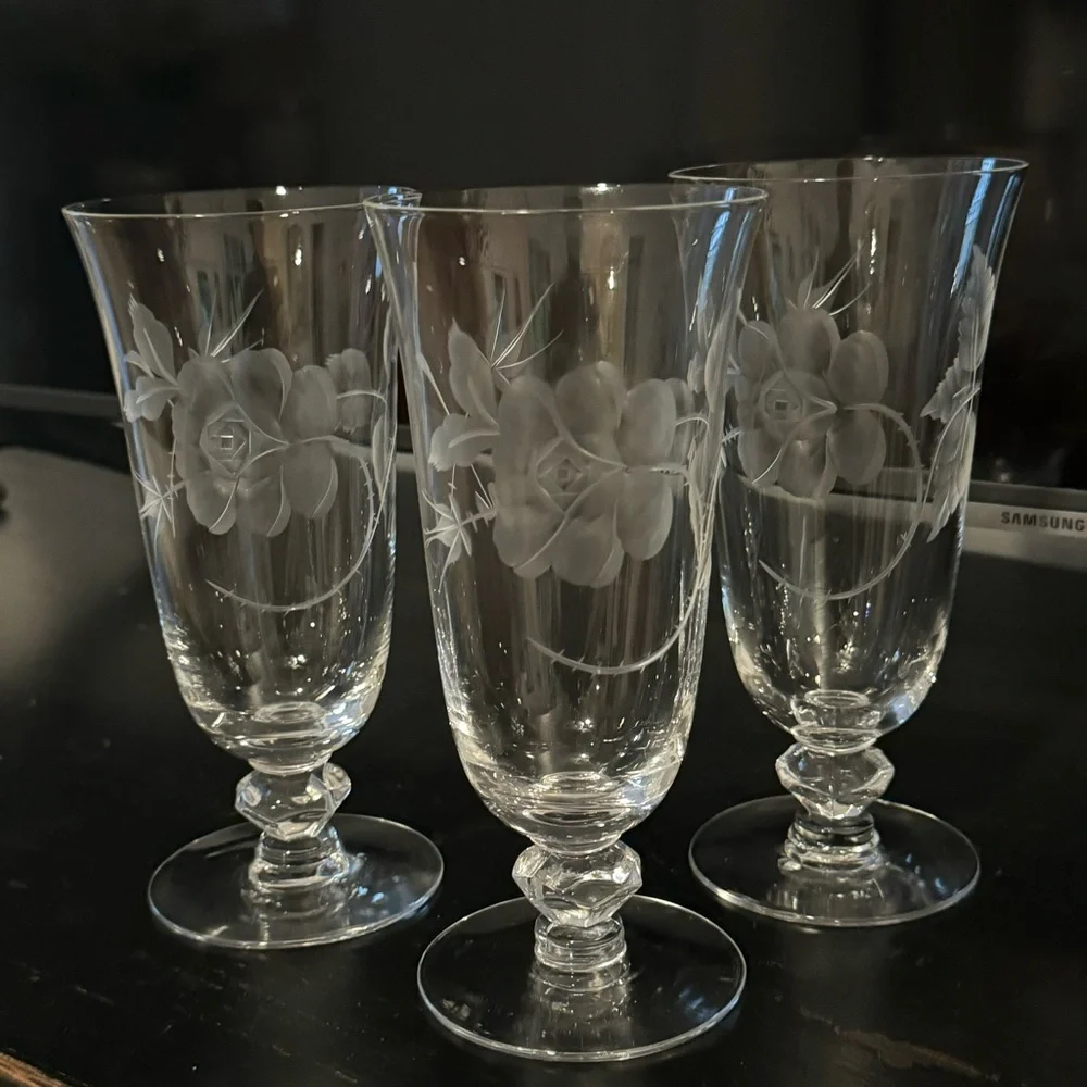 3/ Dolly Madison Rose by HEISEY Stem Iced Tea Footed Tumbler.